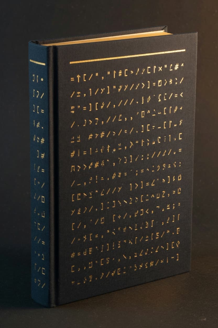 A navy cloth hardcover stamped with gold geometric cipher marks