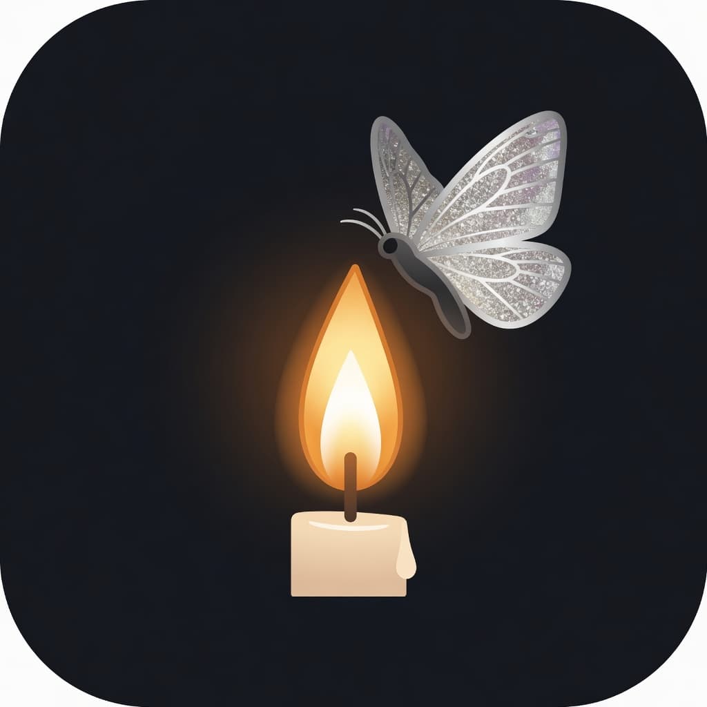 A moth circling a candle flame on black
